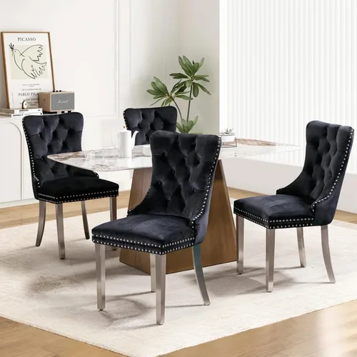 Miniatura 54 de Juego de 2 sillas de comedor tapizadas de tela de lino, sillas de cocina modernas de mediados de siglo con respaldo alto, ribete de cabeza de clavo