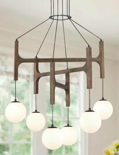 Gran lámpara de araña de granja de madera negra, accesorios de iluminación rústicos de 6 luces para comedor sobre mesa colgante, lámpara de araña
