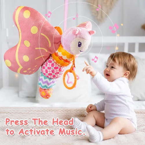 Miniatura 5 de Juguetes para bebés de 0 a 6 meses, animal de peluche sensorial musical infantil con chirriador, sonajero, alas arrugadas, mordedor y anillo