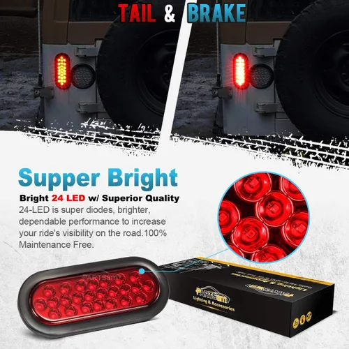 Miniatura 4 de Partsam 2 luces traseras LED ovaladas rojas de 6 pulgadas, 24 LED con ojales, ovaladas de 6 pulgadas, color rojo, luz de freno de goma de repuesto