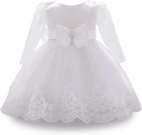 Miniatura 3 de HIHCBF Vestido de bautizo con tutú de encaje de manga larga con lazo para bebé, 1er cumpleaños, para boda, bautizo, tutú