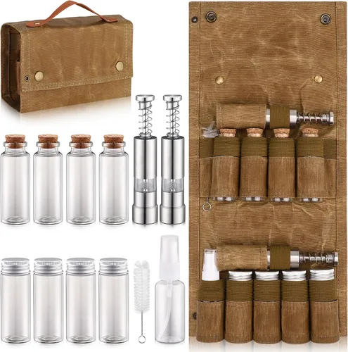 TOBWOLF Kit de especias de camping con 9 tarros, 2 molinillos de sal/pimienta, bolsa de especias portátil, bolsa de almacenamiento de condimentos de