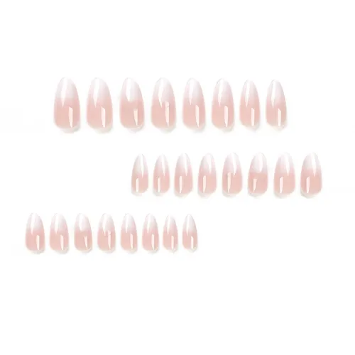 Miniatura 3 de Uñas postizas a presión medianas almendra SWEKKE francesas, color rosa, cobertura completa, color blanco, degradado, con diseños, pegamento