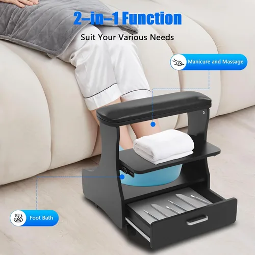 Miniatura 3 de Carrito de pedicura con 4 ruedas con frenos, carrito portátil de spa con cajón práctico, soporte de baño de pies de pedicura, reposapiés de pedicura