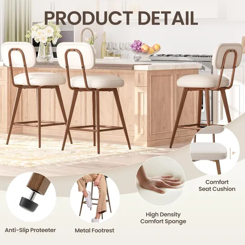 Miniatura 4 de MALOL 26“ PU Leather Swivel Bar Stools Set of 2, Mid Century Counter Height Bar Chairs with Low Back and Metal Legs, Modern Bar Stool Chair for