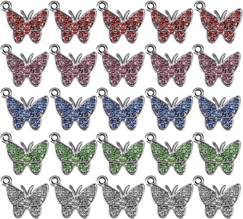 25 dijes de mariposa con diamantes de imitación, dije de mariposa de aleación, dije de insecto para joyas, collares, pulseras, aretes, manualidades