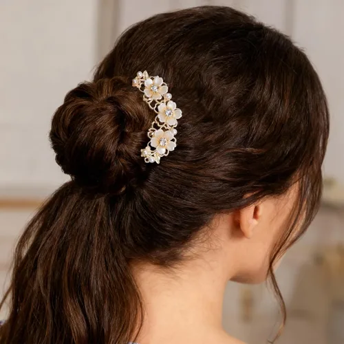 Miniatura 2 de 2 pinzas para el pelo de flores de perlas para mujer, horquilla francesa en forma de U, moño de metal dorado, clips para el pelo de flores