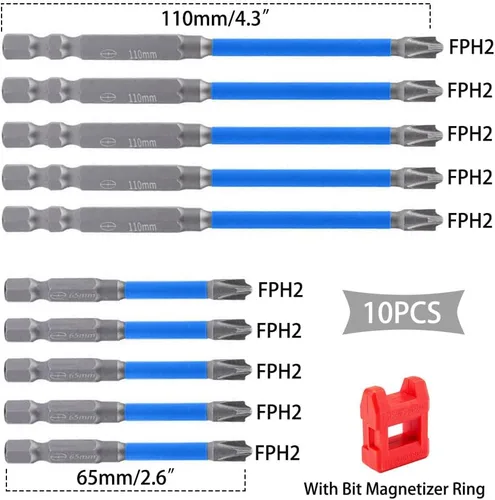 Miniatura 4 de Juego de 10 puntas de destornillador de impacto magnético FPH2, brocas FPH2 de 2.559 in y 4.331 in para electricista, brocas de cabeza ranurada