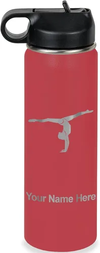 Miniatura 11 de LaserGram Botella de agua personalizada, gimnasta niña, acero inoxidable de doble pared aislada al vacío con popote superior, regalo grabado Azul