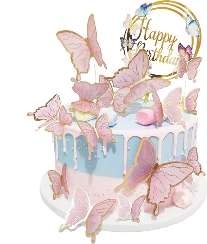 Decoraciones para tartas de mariposas, 1 adorno grande para pastel de feliz cumpleaños y 15 piezas 3D de oro rosa rosa para cupcakes – Suministros