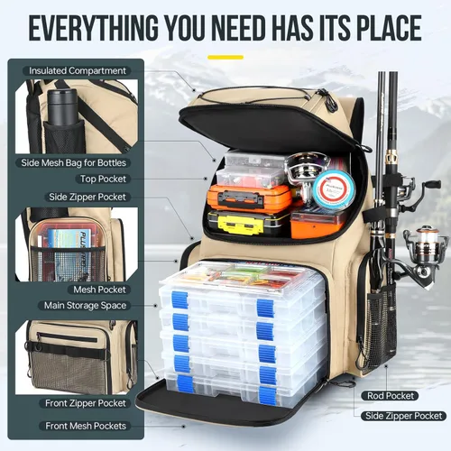 Miniatura 4 de PLUSINNO - Mochila de pesca con portacañas y enfriador de 45L, mochila grande resistente al agua para aparejos de pesca, ideal para guardar