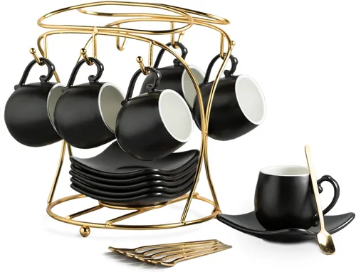 Miniatura 14 de LYEOBOH Juego de tazas de café expreso y platillos, taza de café de cerámica de 3 onzas, pequeñas tazas demitasses, tazas de café expreso con Negro