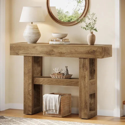 Miniatura 10 de Tribesigns Mesa consola de granja de 41.34 pulgadas, mesa de sofá estrecha de 2 niveles detrás del sofá, muebles de entrada con estantes de Marrón