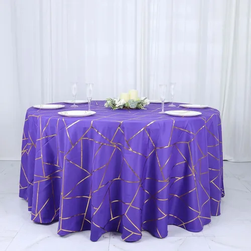 Efavormart - Mantel redondo de poliéster de 120 pulgadas con patrón geométrico dorado Morado