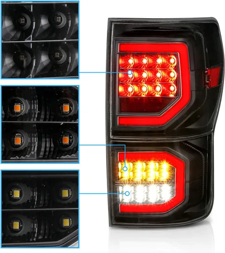 Miniatura 4 de AmeriLite para camioneta Toyota Tundra 2007-2013, cristal negro [Full LED] Faros traseros dobles tipo C de tubo de repuesto, lámpara de freno, par