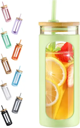 Miniatura 12 de Kodrine Vaso para agua de vidrio de 20 onzas con popote y tapa, botella de agua con tapas de bambú, taza para café helado, reutilizable, boca ancha