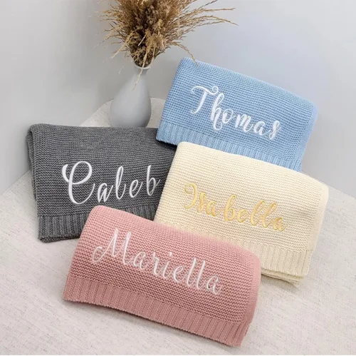 Miniatura 4 de Manta de punto de algodón con nombre bordado personalizado para bebé, niño, niña, manta suave, para baby shower, manta transpirable para cochecito