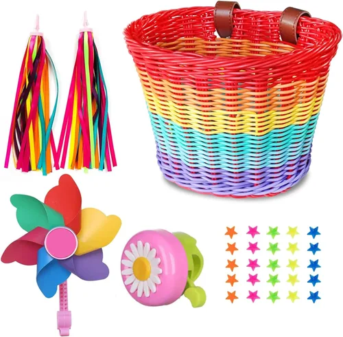 Miniatura 8 de Cesta de bicicleta para niñas, cesta de bicicleta ajustable para manillar delantero con serpentinas de bicicleta, juego de campana/molino de viento