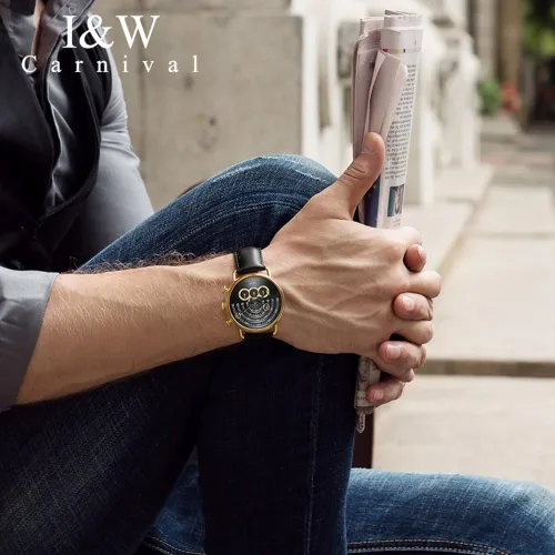 Miniatura 4 de Luxury Mens Big Dial Chronograph Sapphire Glass Waterproof Quartz Black Leather Gold Watches