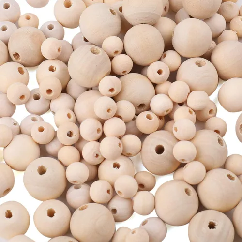 Miniatura 9 de Foraineam Juego de 1200 cuentas redondas de madera natural, cuentas sueltas de madera natural, 4 tamaños de 0.394 in, 0.472 in, 0.630 in, cuentas