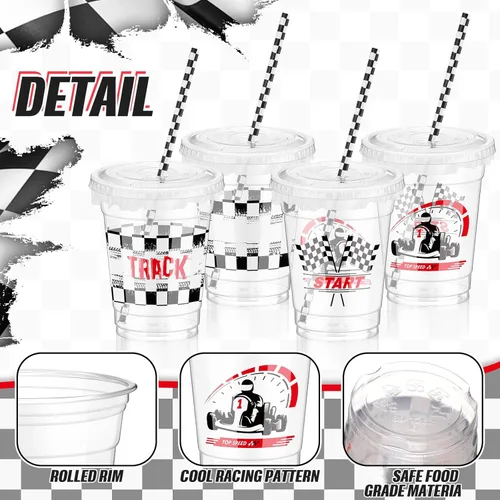 Miniatura 2 de FoldTier 50 piezas de vasos de plástico para fiesta de carreras a cuadros de 12 oz, vasos transparentes gruesos con bandera a cuadros, vasos negros