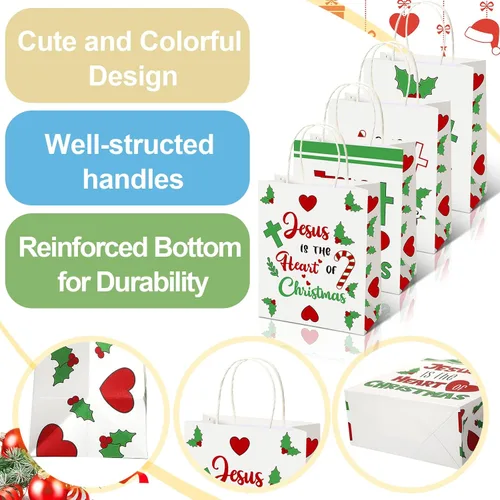 Miniatura 3 de Zhanmai 24 bolsas de regalo de Navidad con asas a granel, cristiano Jesús es el corazón de Navidad, bolsas con corazón, hoja de flor de pascua