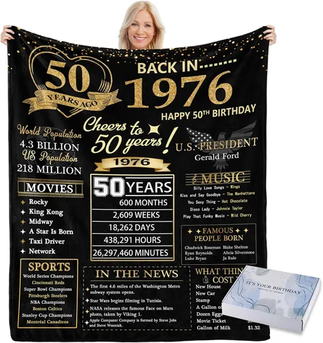 Regalo de 50 cumpleaños para ella y él 1976, regalo de manta de 50 años | Lavable a máquina, transpirable, adecuado para todas las estaciones. Ideal