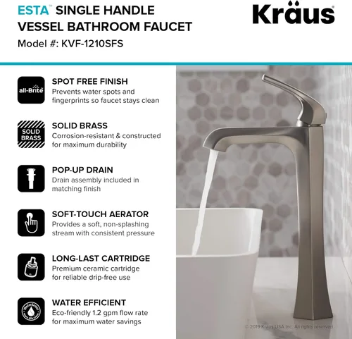 Miniatura 10 de KRAUS Esta grifo de baño de una sola manija con drenaje emergente en acero inoxidable sin manchas, KVF-1210SFS