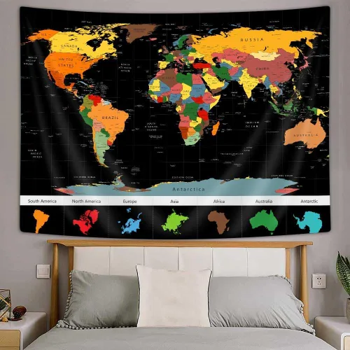 Miniatura 4 de Xguatan Tapiz de mapa del mundo para niños y estudiantes, mapa del mundo vintage, países educativos, ciudades, tapiz colgante de pared para aula