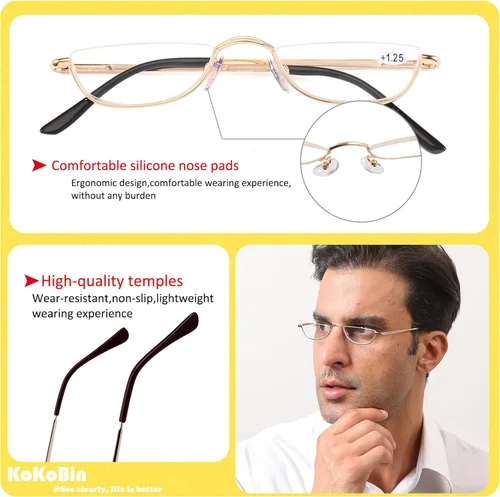 Miniatura 4 de Gafas de Lectura Media Montura - 4 Pares de Gafas de Marco de Metal con Bisagra de Resorte para Hombre y Mujer, Oro 1.75