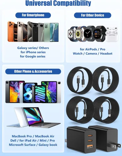 Miniatura 6 de Susnwere Cargador de pared USB C de 65 W para Samsung S26 Ultra, 3 puertos de 100 W PD rápida 3.0 tipo C carga con cable USB C de 3/6/10/10 pies
