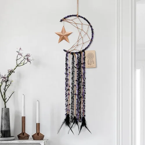 Miniatura 6 de Dremisland Atrapasueños de luna hecho a mano, medio círculo, diseño de luna atrapasueños, plumas, colgando con estrella, decoración del hogar, Morado
