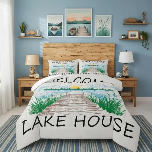 Miniatura 20 de Juego de edredón Lake House tamaño Twin, juego de ropa de cama náutica de navegación con ancla de 2 piezas para decoración de habitación de niños