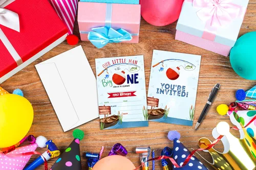 Miniatura 3 de Invitaciones de primer cumpleaños de pesca con sobres, 20 piezas de invitaciones para fiesta de cumpleaños de niños con texto en inglés «Our Little