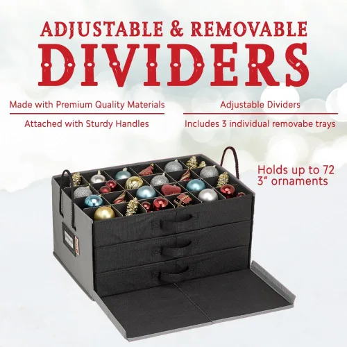 Miniatura 9 de Caja con divisores para guardar hasta 72 adornos navideños de 3 pulgadas de forma práctica, cubos grandes de tela de alta calidad con 3 bandejas Gris