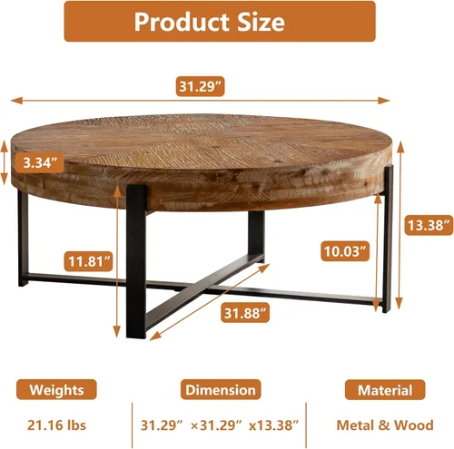 Miniatura 2 de Mesa de café redonda moderna retro con empalmes de 31.29", tablero de madera de abeto con base de patas cruzadas negras Negro (31.1 in)