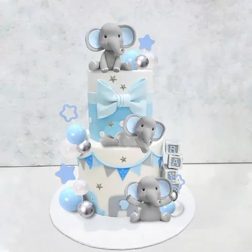 Miniatura 5 de 32 piezas de decoración de pastel de elefante con mini elefante, bolas de perlas azules y blancas para suministros de cumpleaños con temática