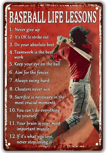 Letrero de lata de béisbol retro, decoración vintage de béisbol para habitación de niños, lecciones de vida de béisbol, letreros de metal, carteles