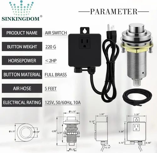 Miniatura 2 de Kit de interruptor de aire SinkTop con botón largo de níquel cepillado (latón completo) para eliminación de basura, salida única