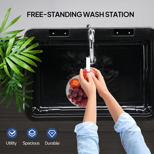 Miniatura 7 de ROVSUN Fregadero utilitario de plástico negro de 20 galones con grifo de agua caliente y fría, capacidad de carga de 150 libras, altura y versión
