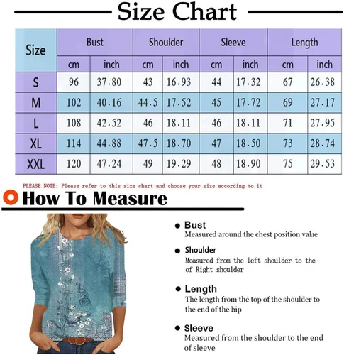 Miniatura 6 de Camisetas de manga 34 para mujer, estilo casual, estampado floral, cuello redondo, básicas, para llevar con leggings