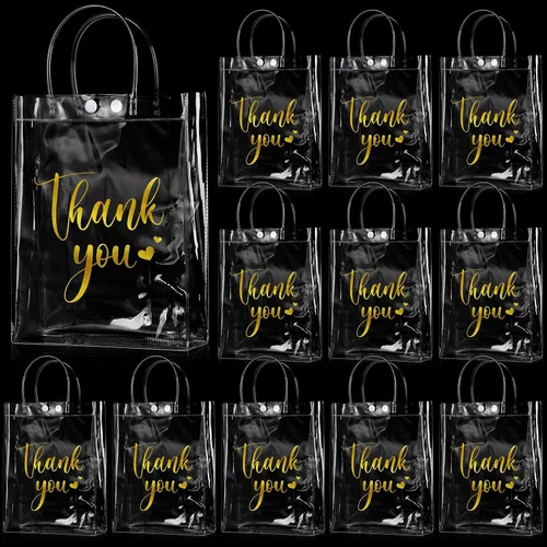 Berlune 30 bolsas de regalo transparentes de agradecimiento con asas, bolsa de regalo reutilizable de plástico transparente de PVC para graduación,