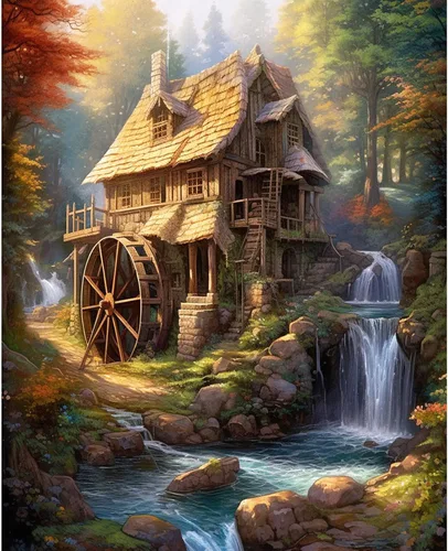 Tucocoo Kits de pintura rústica de cabaña por números con pinceles y pigmento acrílico sobre lienzo para adultos, selva, cascada, manualidades,