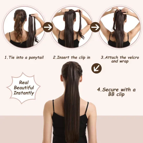 Miniatura 5 de Extensión de cola de caballo de cabello humano #4 marrón chocolate 100% Remy, extensión de cola de caballo recta envolvente alrededor de colas