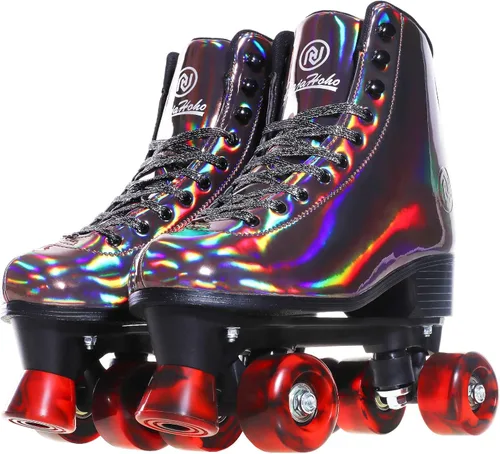 JajaHoho Patines de ruedas para mujer, de cuero PU holográfico negro de alta calidad, patines de doble fila brillantes con cuatro ruedas para niñas