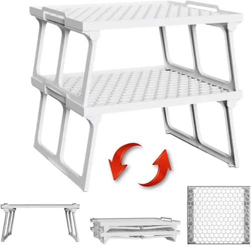 ums Organizador de estante de plástico para armario de cocina, estante apilable de plástico blanco, estante elevador de estante, estante de