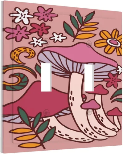 Cubierta de interruptor de luz de palanca doble de 2 cuadras, color rosa, hongos, flores, placa de pared, placa frontal eléctrica, retro, años 70,