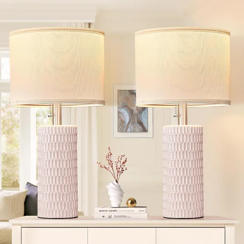 Miniatura 17 de Reaketon Juego de 2 lámparas de mesa modernas de cerámica de 20.5" para dormitorio, lámparas de mesita para repisas nocturnas con pantalla beige