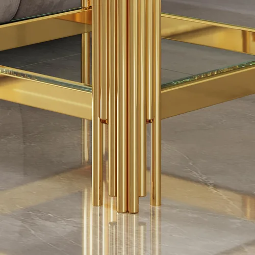 Miniatura 221 de Mesa de centro de cristal de lujo, mesa de centro de sofá de 47 pulgadas con marco de acero inoxidable dorado y parte superior de vidrio negro, mesa