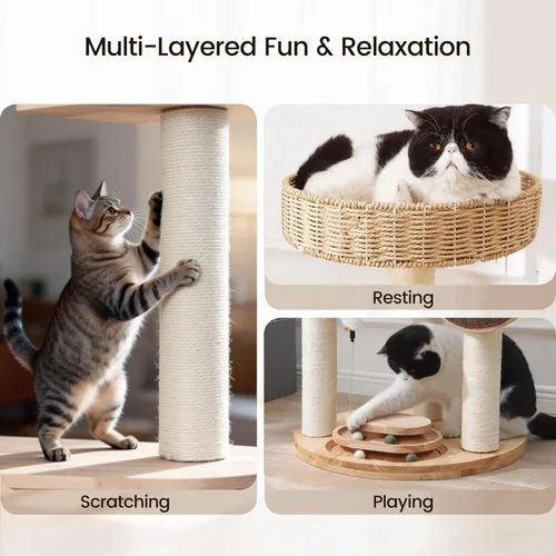 Miniatura 5 de Árbol de madera maciza para gatos grandes, torre moderna para gatos de 48 pulgadas con cestas tejidas a mano, condominio para gatos de varios